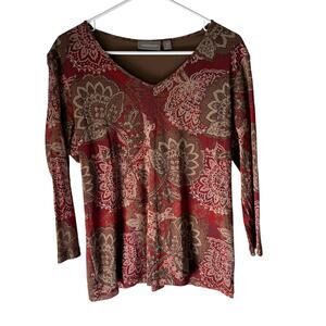 Croft & Barrow Y2k Size XL Brown Red Boho Floral‎ Mesh Long Sleeve Top